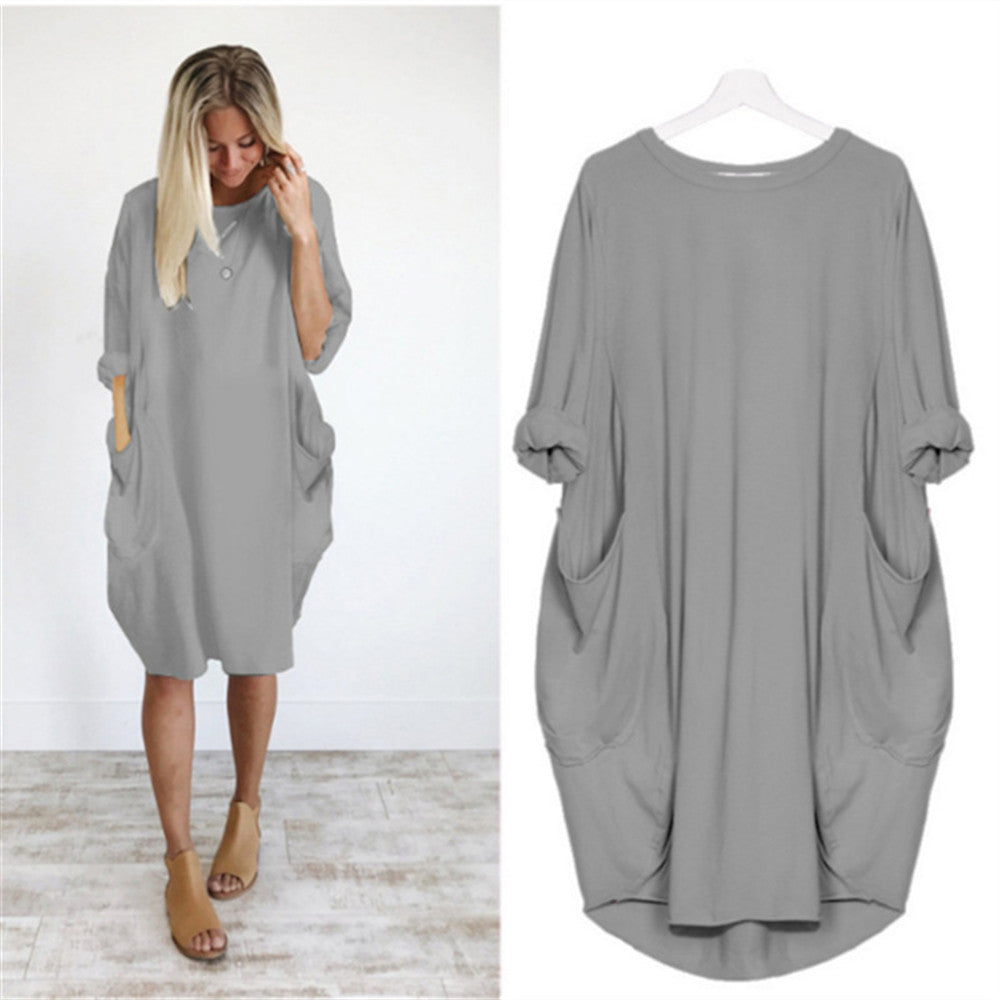 Women's Casual Loose Pockets Long Sleeve Full-figured Dresses