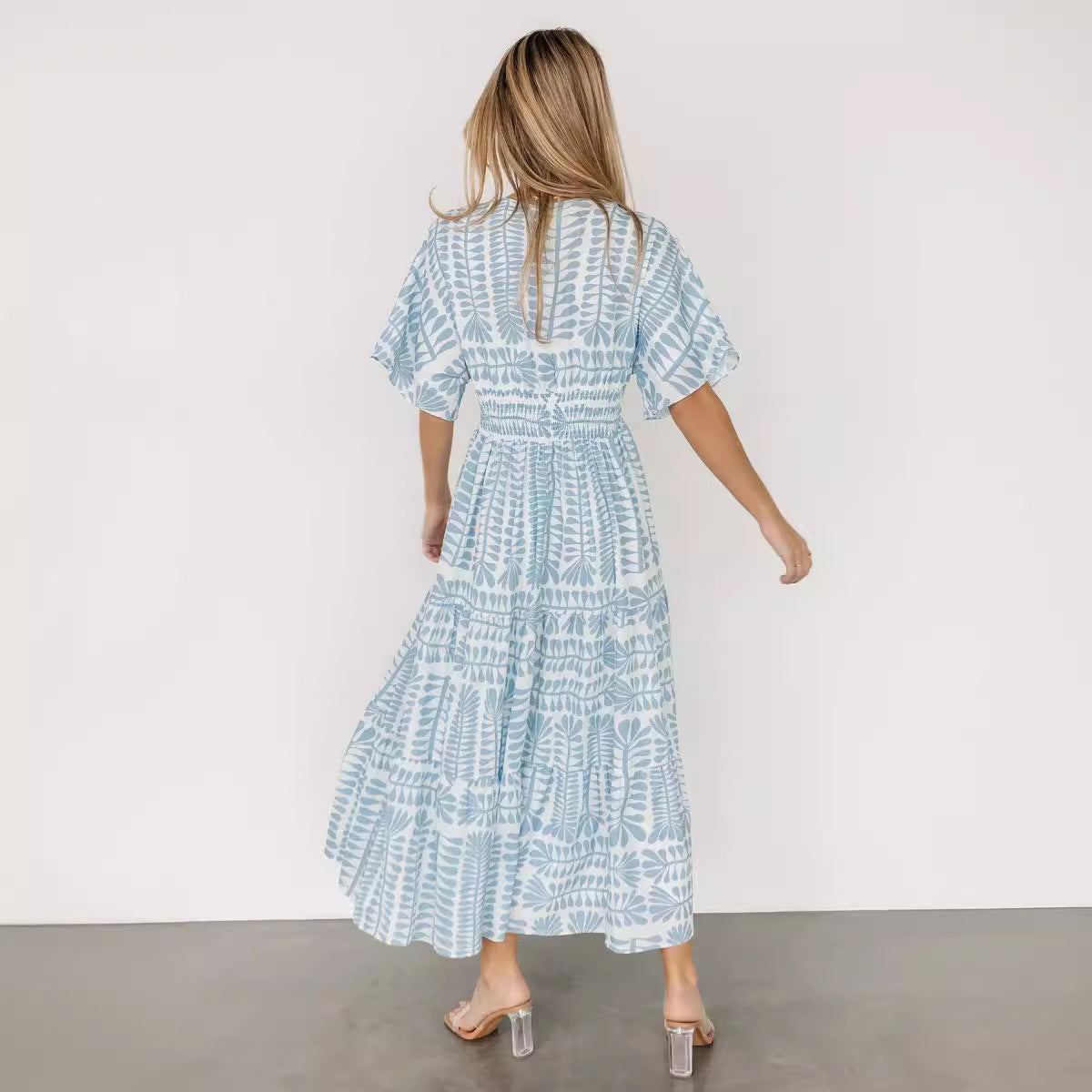 Langes, gestreiftes Retro-Kleid für Damen im Bohemian-Stil mit hoher Taille und bedruckten Ärmeln