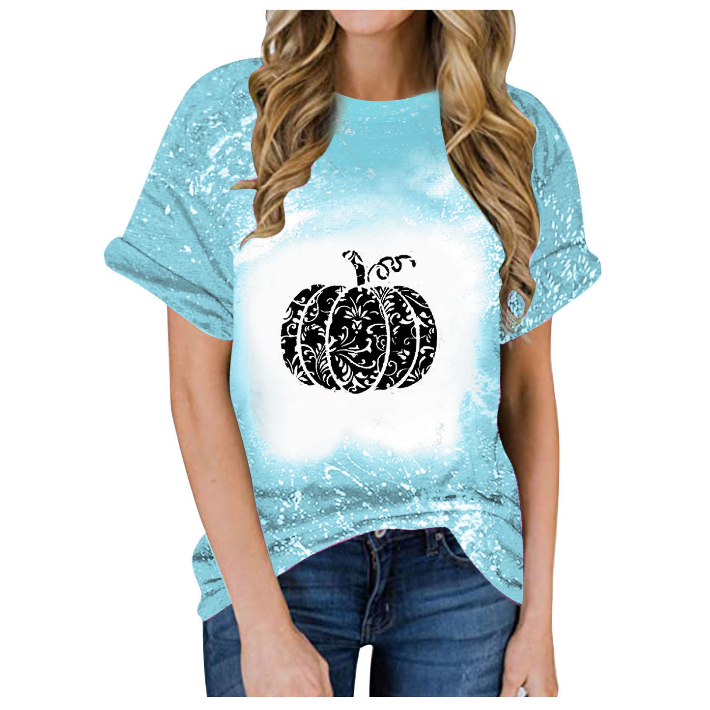 Kurzärmlige T-Shirt-Blusen mit Halloween-Kürbis-Aufdruck für Damen im Sommer