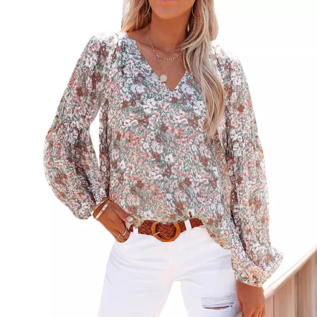 Women's Autumn T-shirt Floral Chiffon Shirt Blouses