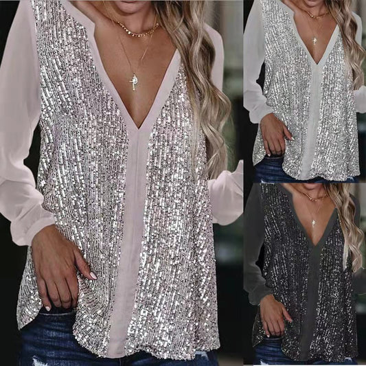 Urban Casual Sequin V-neck Long Sleeve Loose Pullover Solid Color Blouses