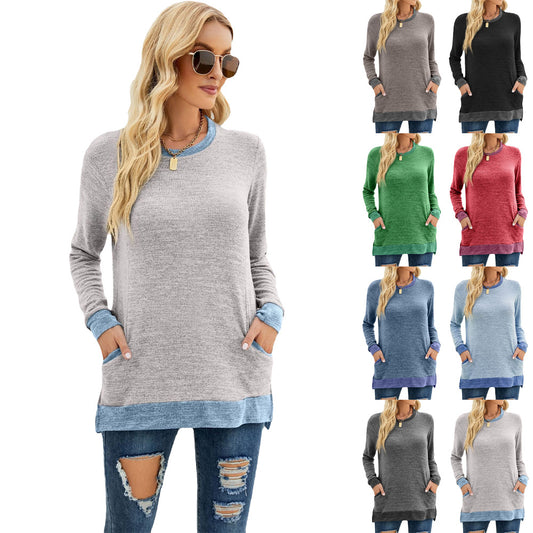 Women's Round Neck Multicolor Pocket Long Sleeve Tops