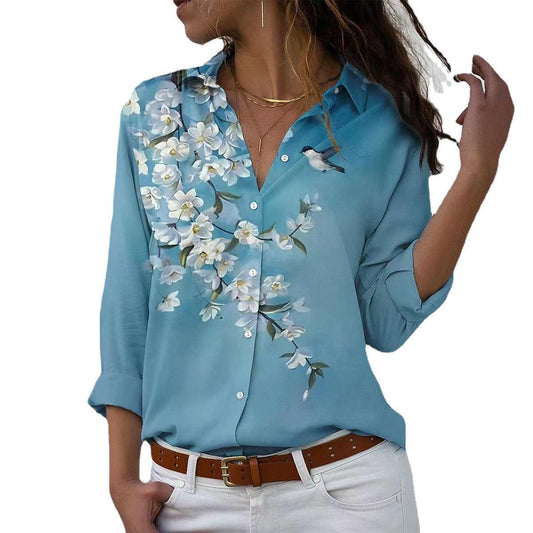 Women's Flower Shirt Spring Lapel Print Long Blouses