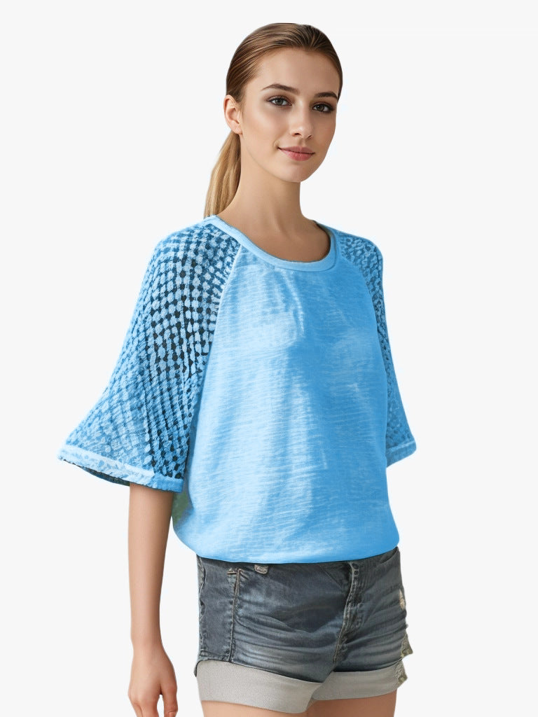 Damen T-Shirt Blusen mit Rundhalsausschnitt und Patchwork-Spitze