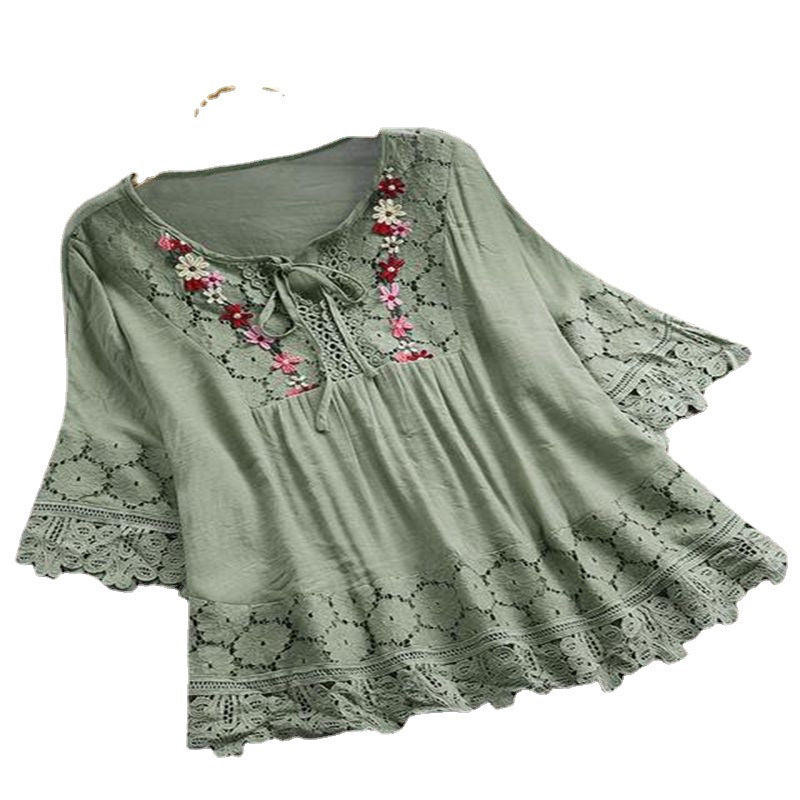 Women's Summer Cotton Linen Stitching Lace Elegant Blouses