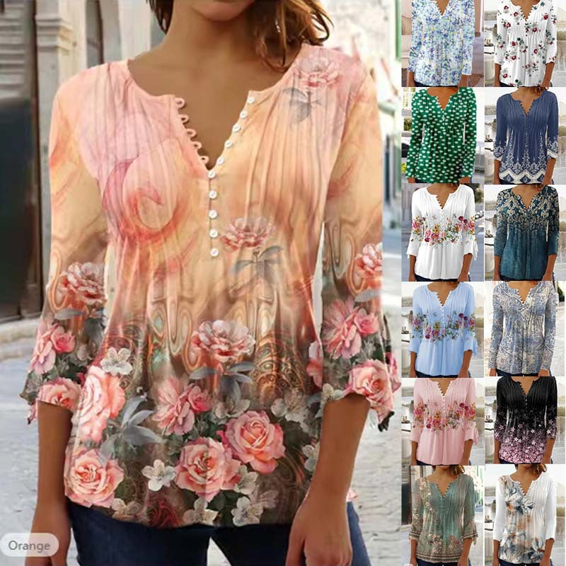 Women's Wear Floral Printed V-neck Sleeve Pleated Blouses