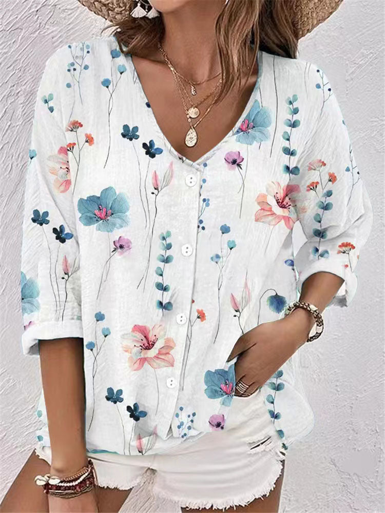 Women's Buttons Chiffon Printed Long Sleeve Blouses