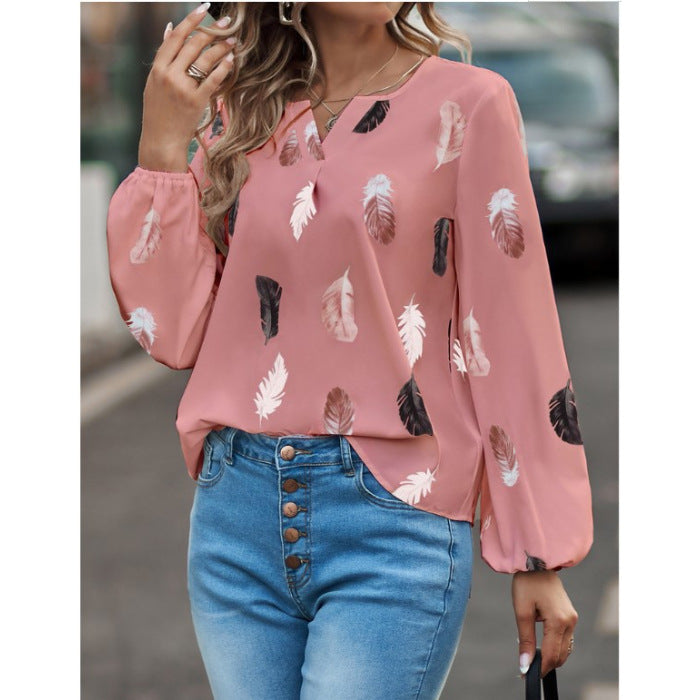 Women's V-neck Feather Print Long-sleeved Loose Blouses