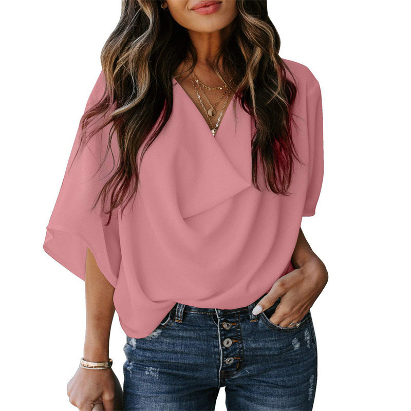 Damen Chiffon Locker V-Ausschnitt Lässige T-Shirt Bluse