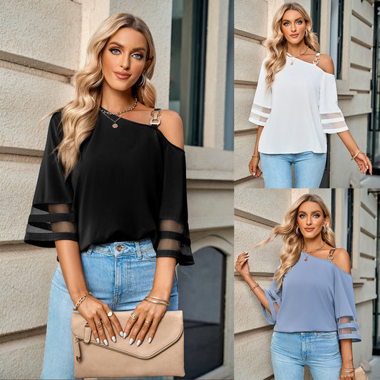 Women's Casual Solid Color Metal Buckle One-shoulder Tops