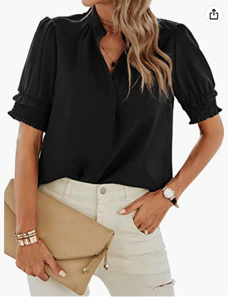 Women's New V-neck Short-sleeved Solid Color Blouses