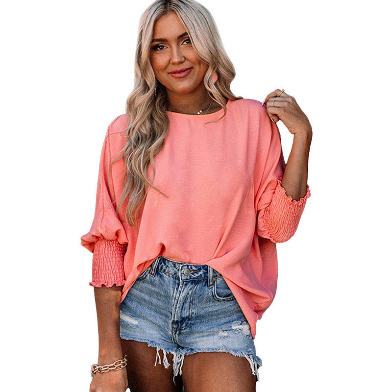 Women's Summer Loose Crew Neck Solid Color Blouses