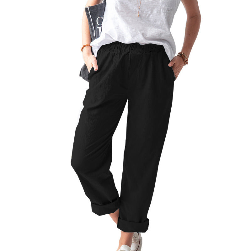 Women's Linen Trousers Solid Color Elastic High Pants