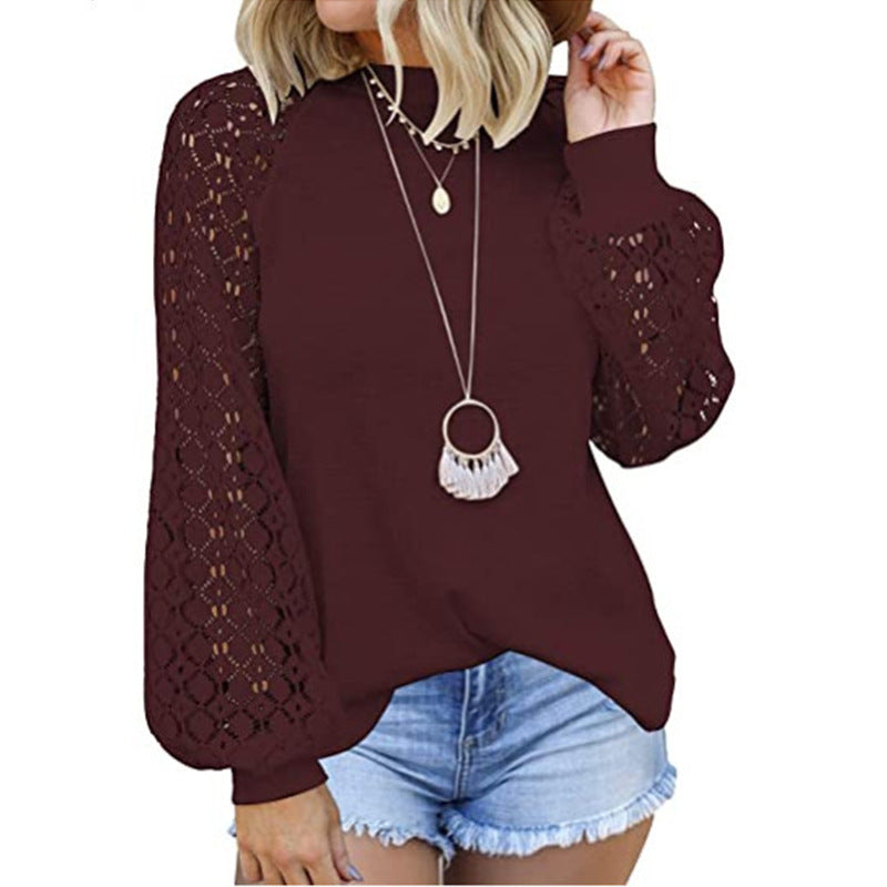 Women's Round Neck Long Sleeve Lace Stitching Tops