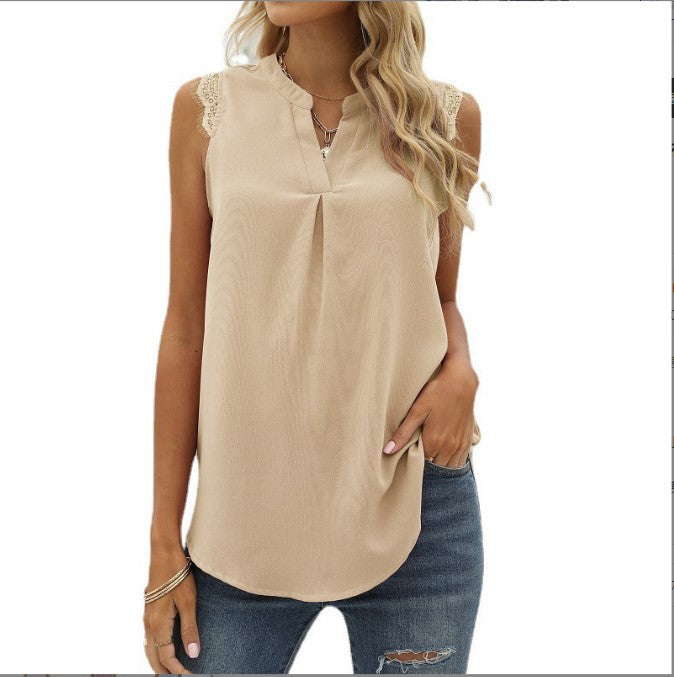 Women's Solid Color Shirt Loose Sleeveless Lace Blouses