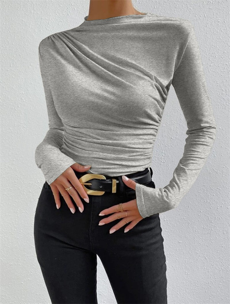 Women's Color Bottoming Shirt Versatile Pleated Design Blouses