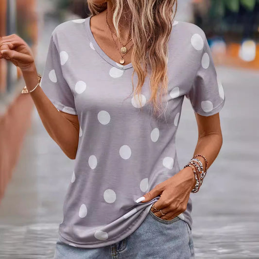 Women's Summer Round Neck Polka Dot T-shirt Blouses