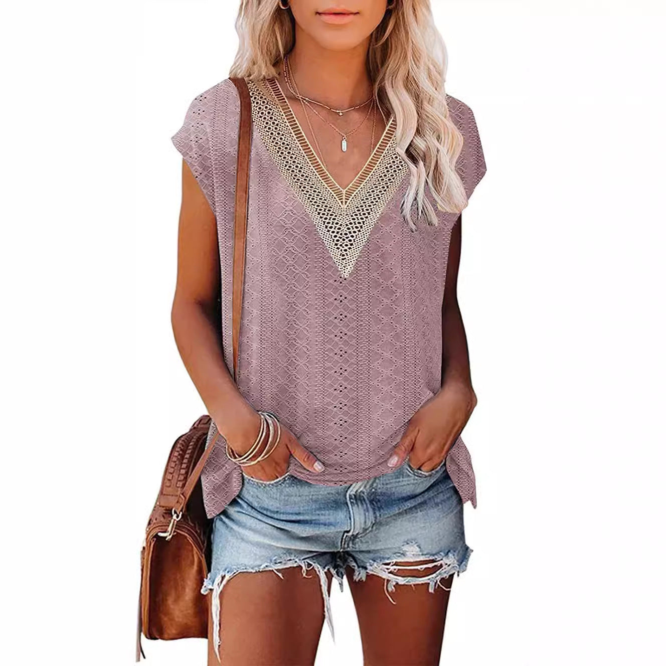 Women's Summer T-shirt Hole Stitching Lace Blouses