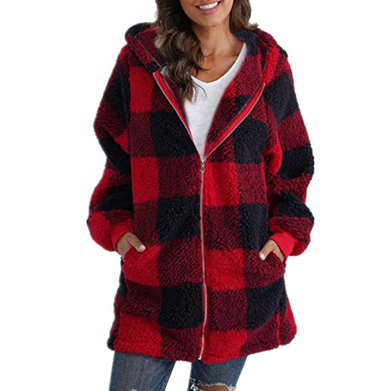 Women's Plush Long-sleeved Plaid Hooded Zipper With Sweaters