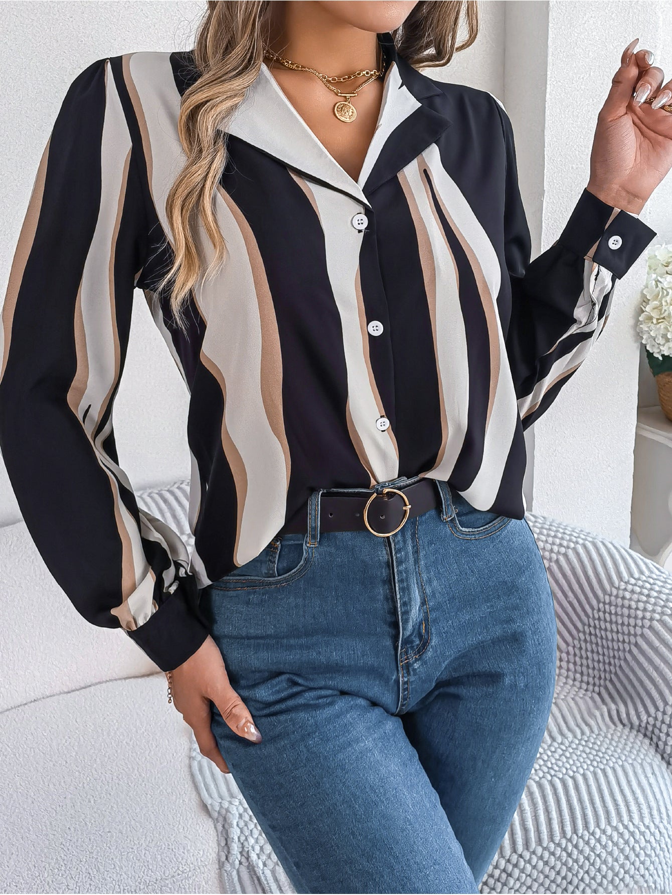 Women's Versatile Contrast Color Striped Collar Long Blouses