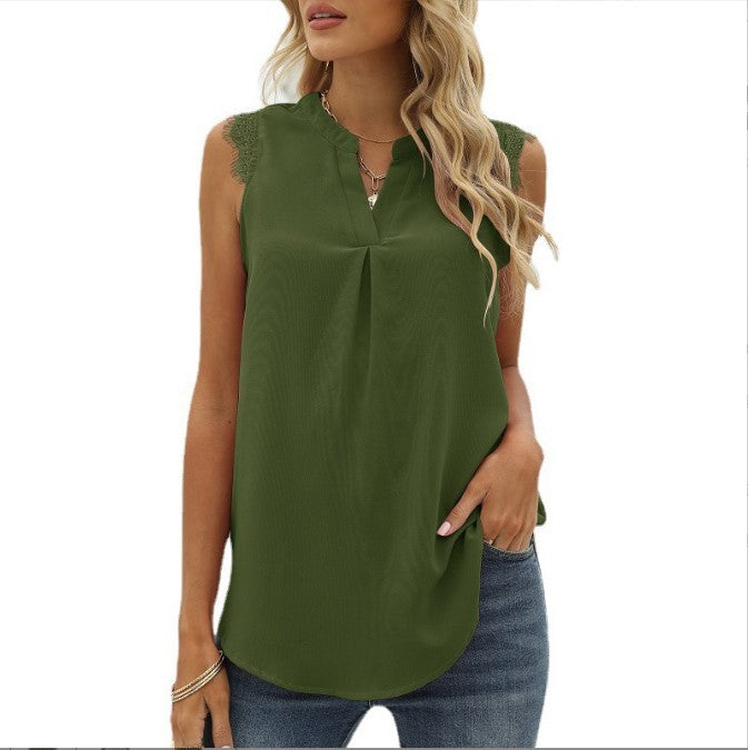 Women's Solid Color Shirt Loose Sleeveless Lace Blouses