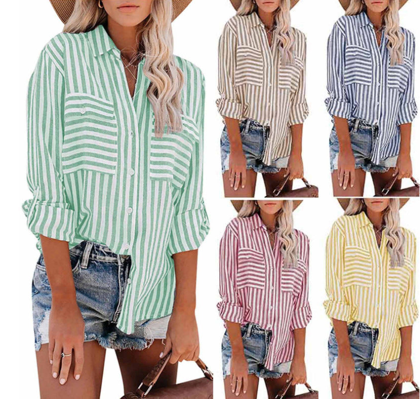 Women's Polyester Striped Single-breasted Long Sleeve Blouses