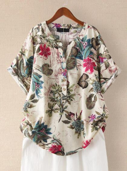 Women's Leaf Printed Sleeve Summer Retro Cotton Linen Blouses