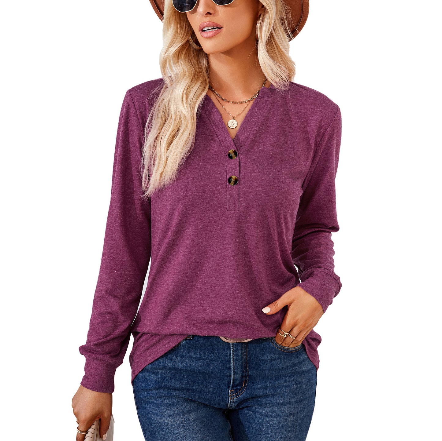 Women's Solid Color And Button Loose Long-sleeved Blouses