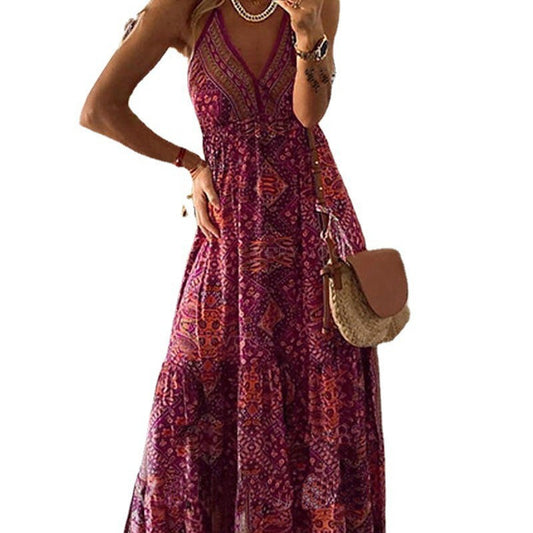 Women's Bohemian Strap Dress High Waist Printed Dresses