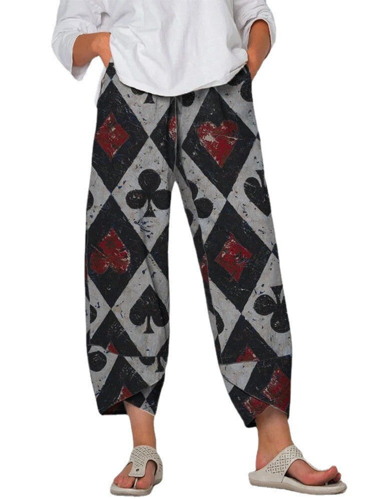 Women's Waist Gray Printed Stitching Loose Cropped Pants