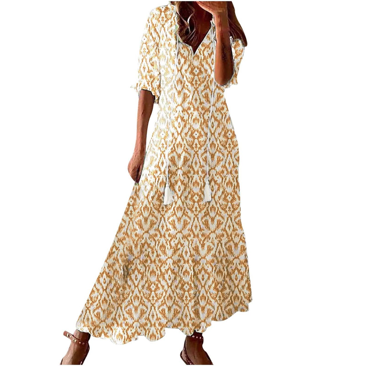 Women's Bohemian Style Print Dress Mid Waist Dresses