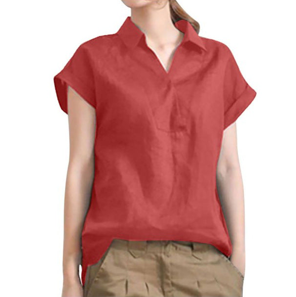 Women's Long Back Lapel Shirt Summer Linen Leisure Sleeve Shorts