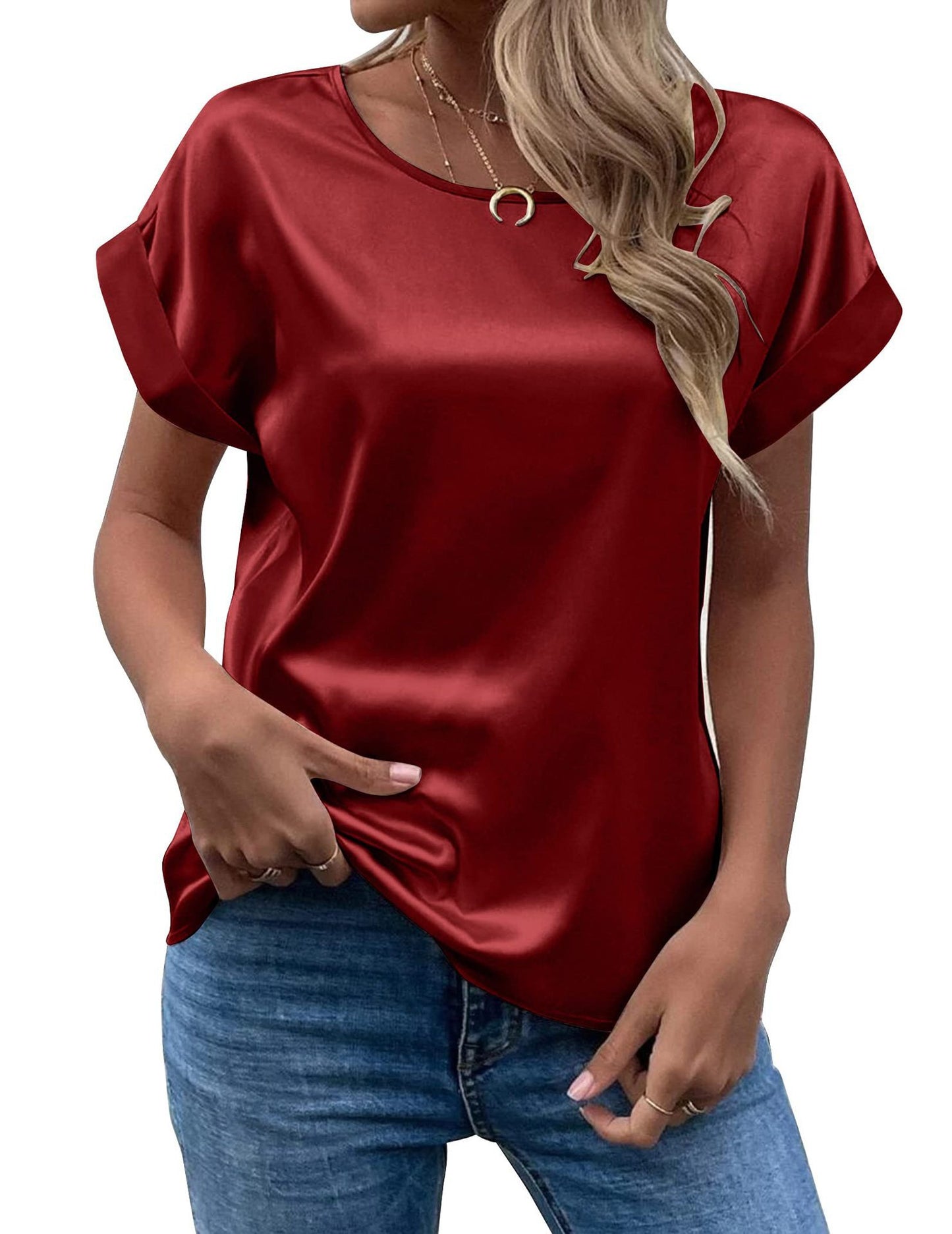 Women's Popular Short-sleeved Satin Loose-fitting Round-neck Blouses