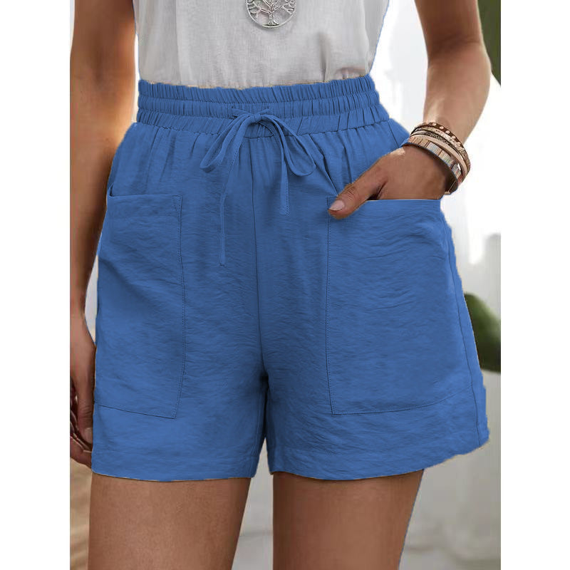 Damen Sommer Shorts mit lockerer Leinen-Freizeittasche und einfarbiger Hose