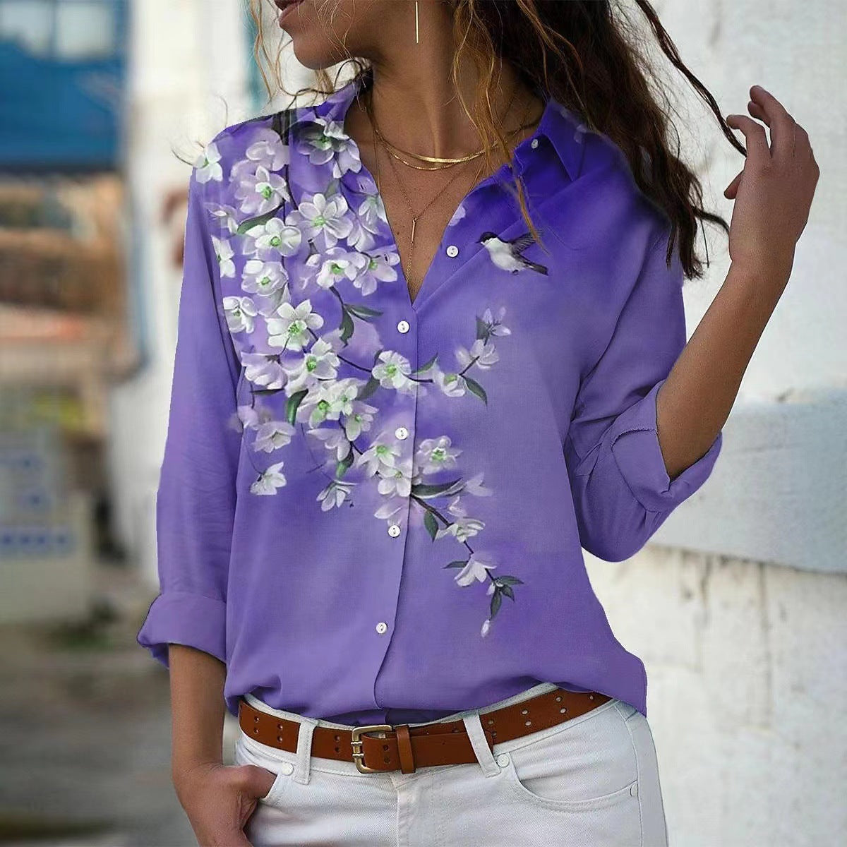 Women's Flower Shirt Spring Lapel Print Long Blouses