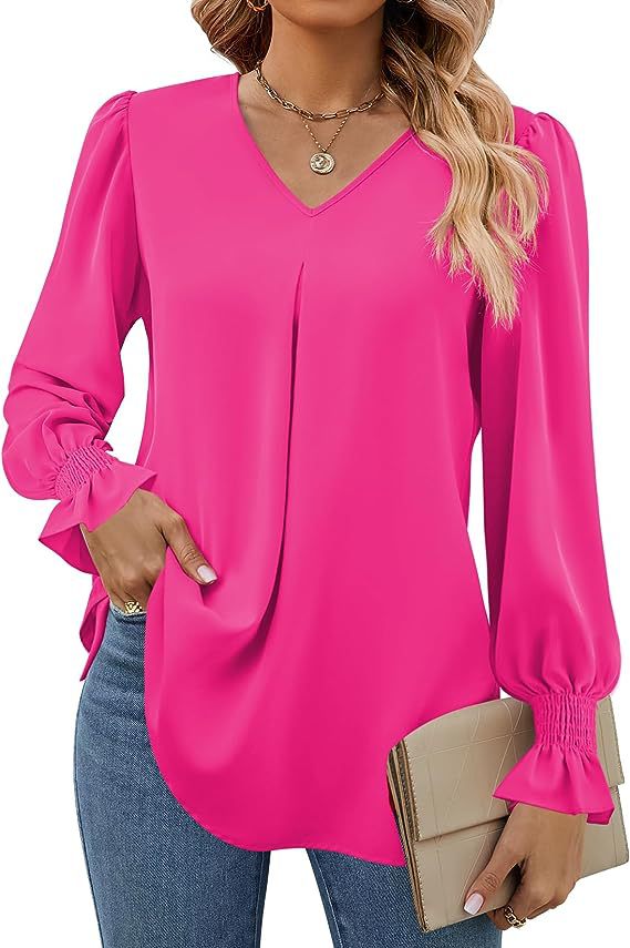 Frauen Farbe Chiffon Hemd Pullover Horn Lange Blusen