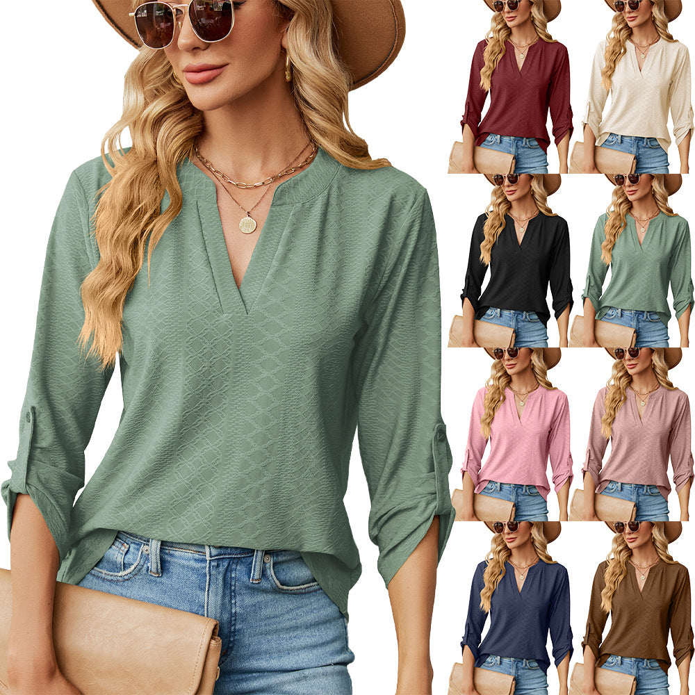 Women's Color And Three-quarter Sleeve Button Loose-fitting Blouses