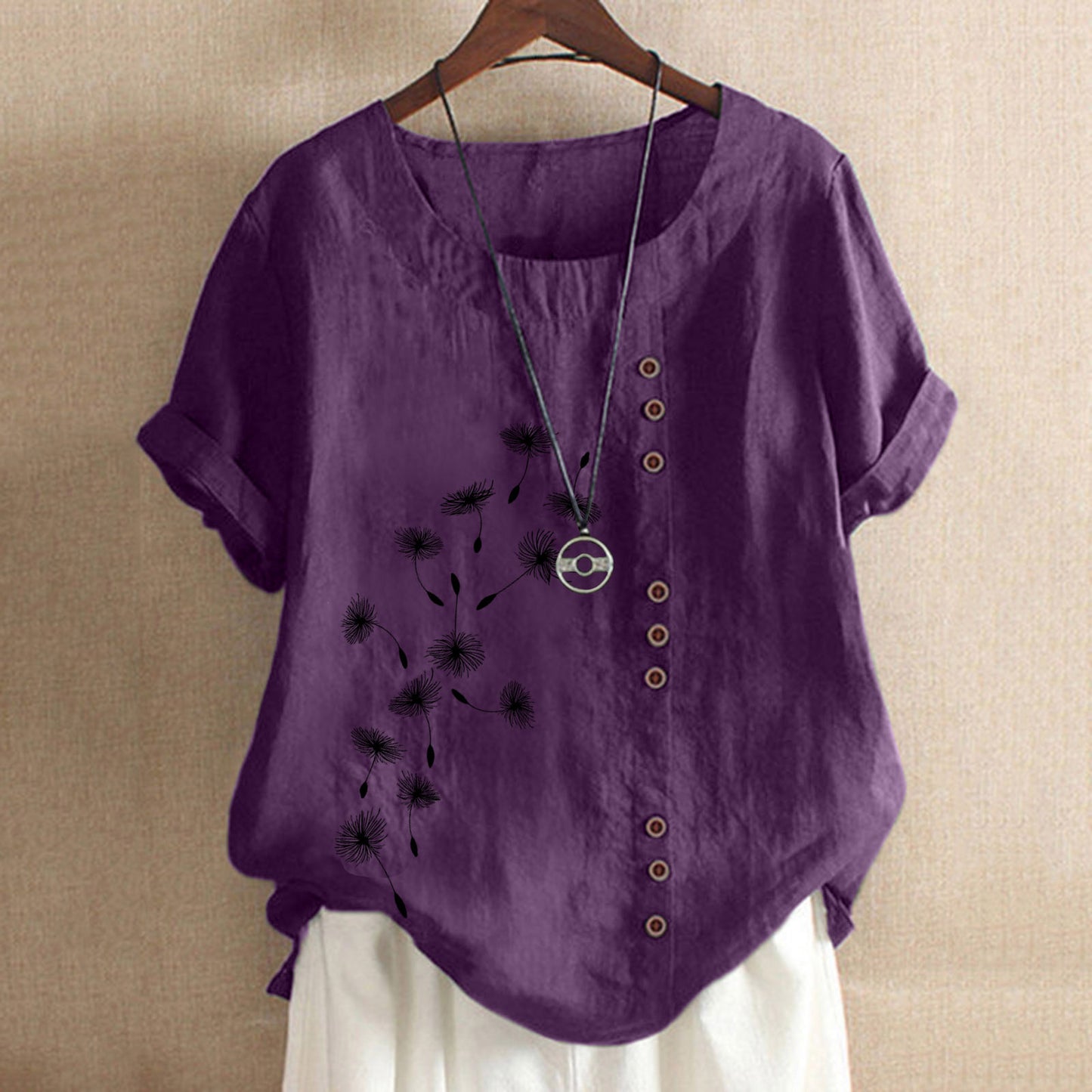 Sleeve With Buttons Round Neck Print Blouses