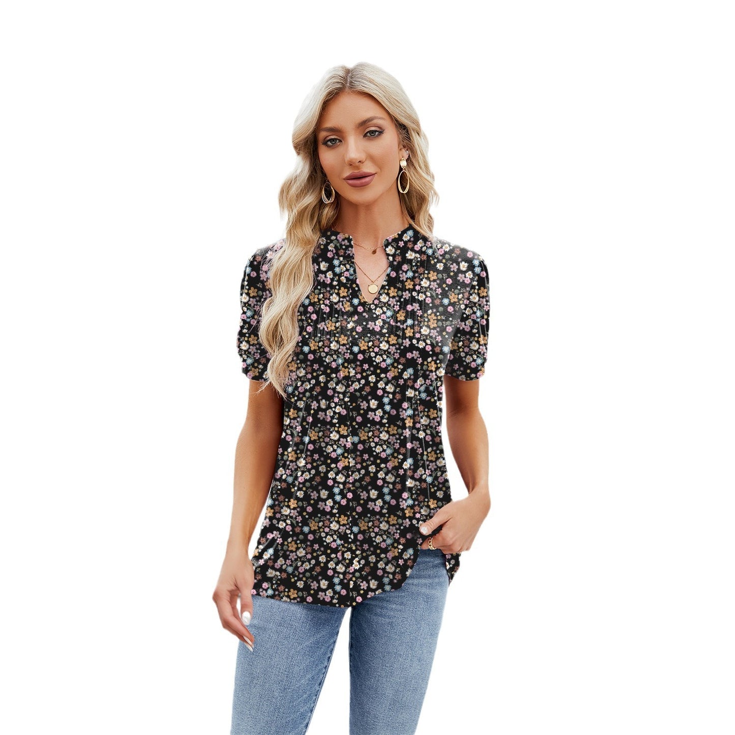 Damen Sommer Plissee Streifen Bedruckte Kurzarm T-Shirt Blusen