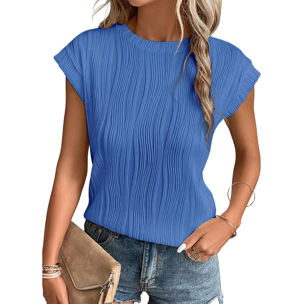 Women's Round Neck Short-sleeved Textured T-shirt Blouses