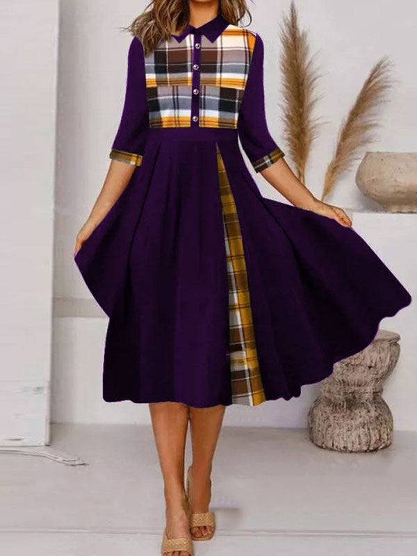 Women's Collar Contrast Color Single-breasted Sleeve Long Dresses