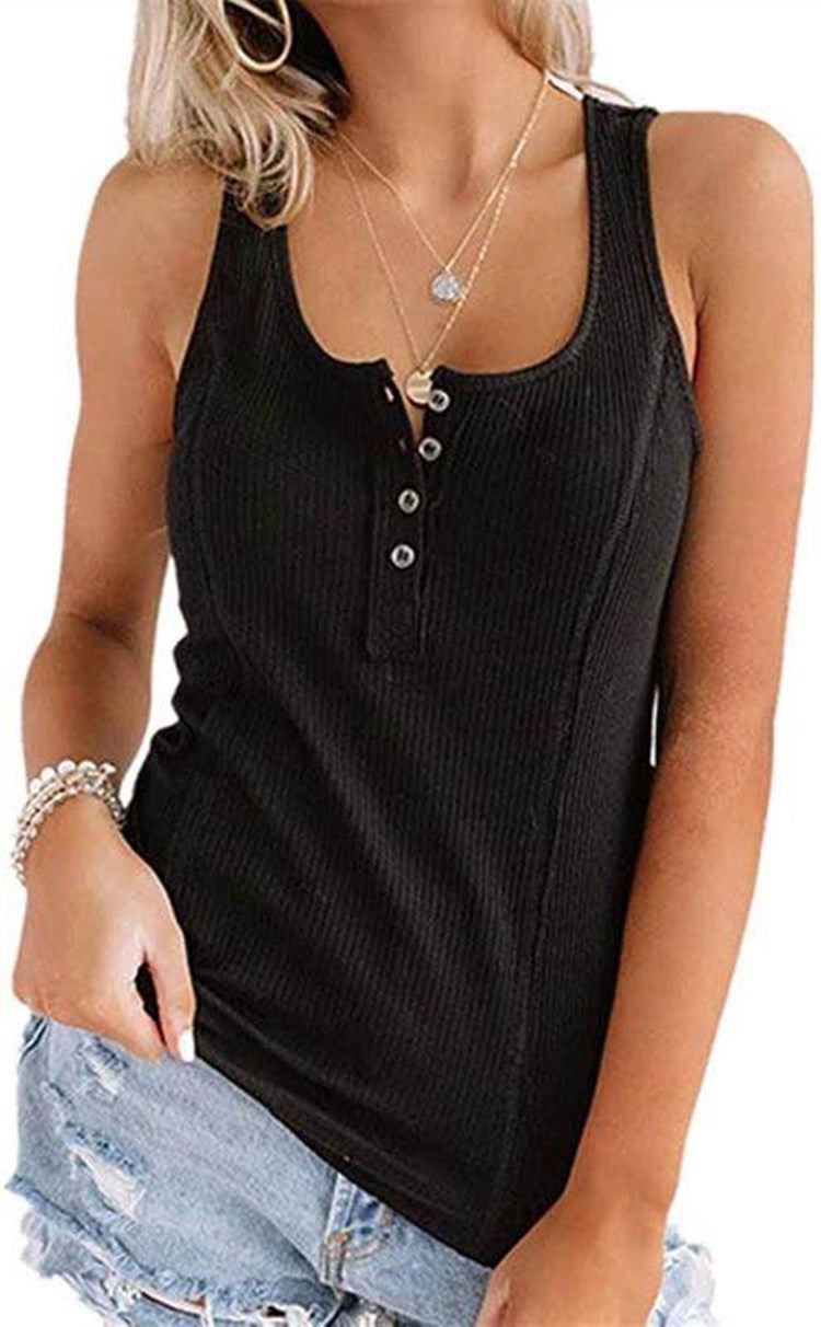 Women's Solid Color Buttons Sleeveless T-shirt Tops