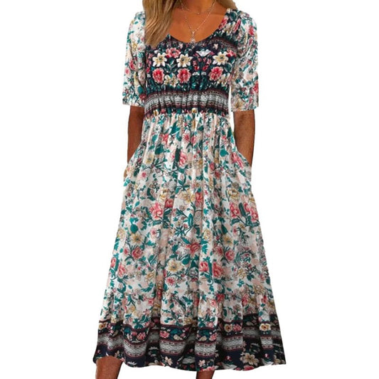 Women's Summer Printed Sleeve Round Neck Mid-length Dresses