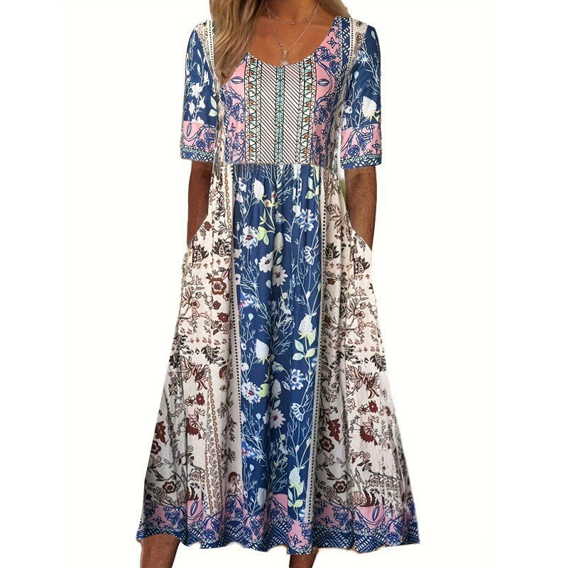 Women's Summer Printed Sleeve Round Neck Mid-length Dresses