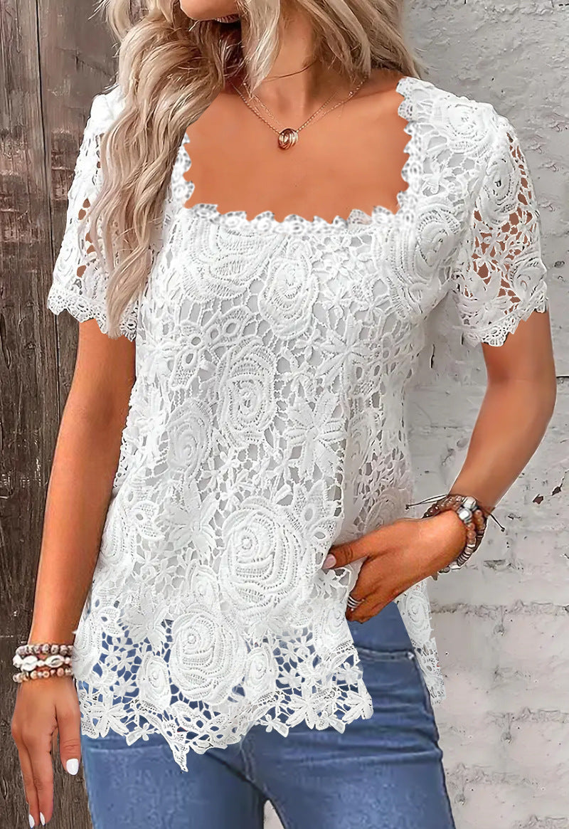 Slouchy Summer Vacation Elegant Lace T-shirt Tops