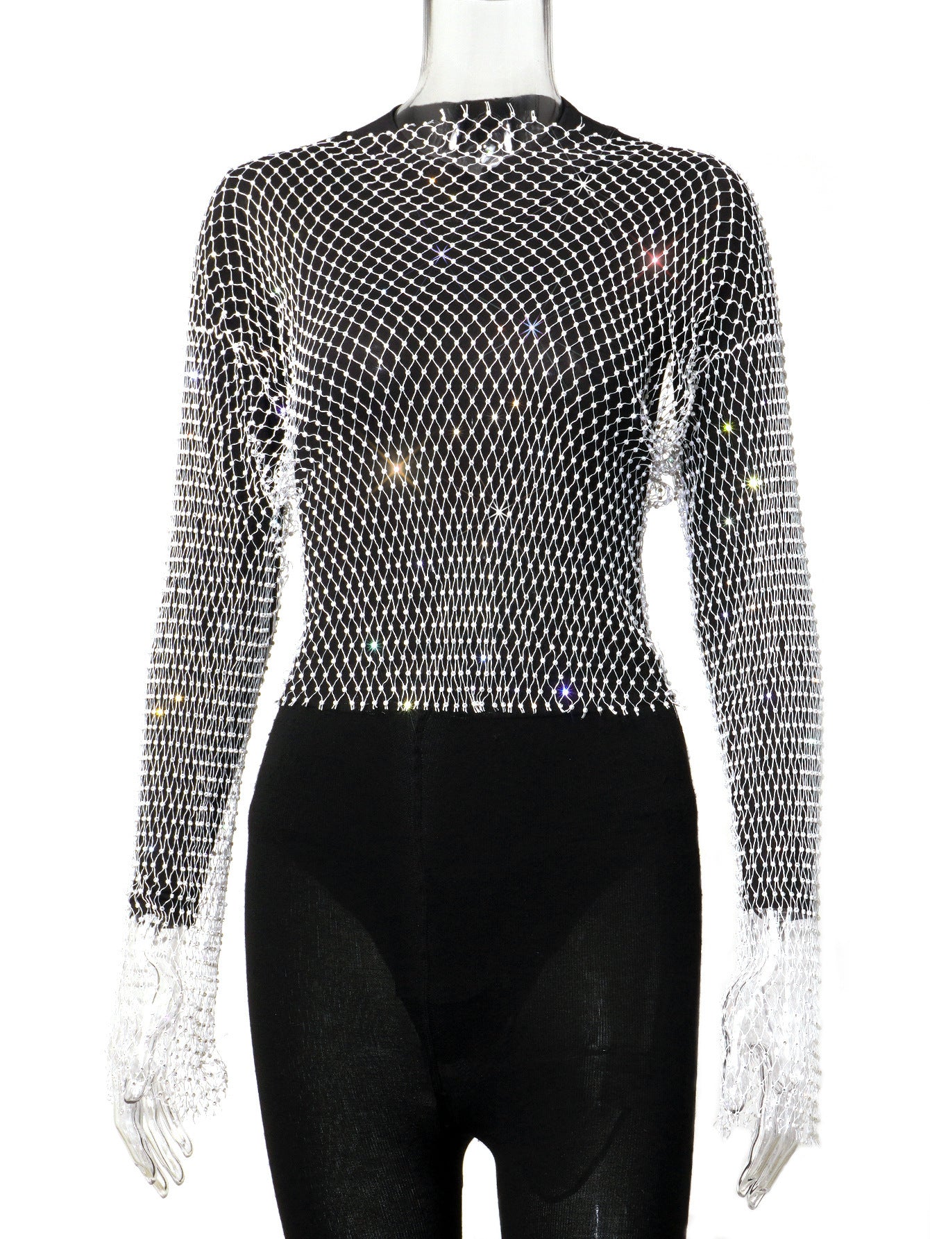 Women's Fishnet Rhinestone Mesh Round Neck Long Blouses