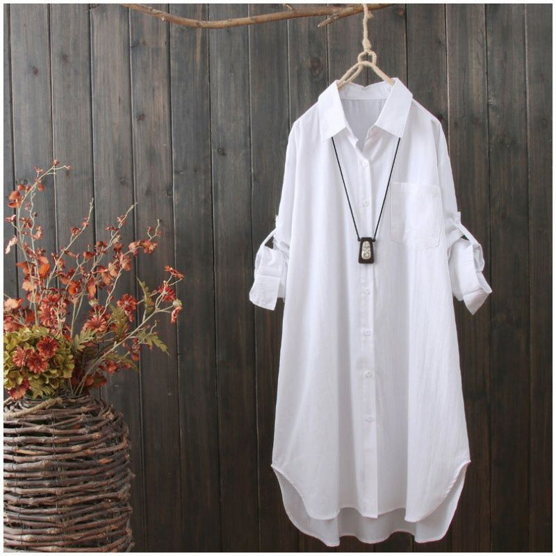 Women's Artistic Style Cotton White Long-sleeved Mid-length Loose Blouses