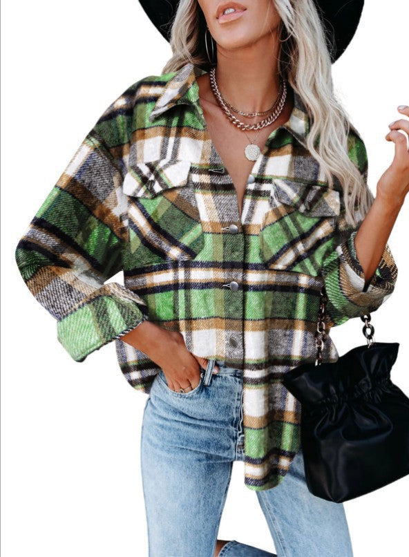 Women's Woolen Shirt Long Sleeve Plaid Blouses