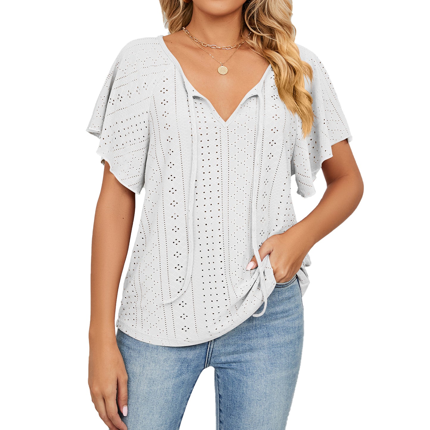 Women's Solid Color V-neck Lace-up Sleeve Loose Blouses