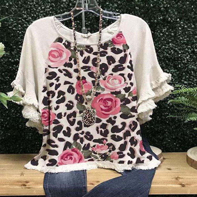 Women's Floral Ruffle Sleeve Round Neck Multicolor Blouses